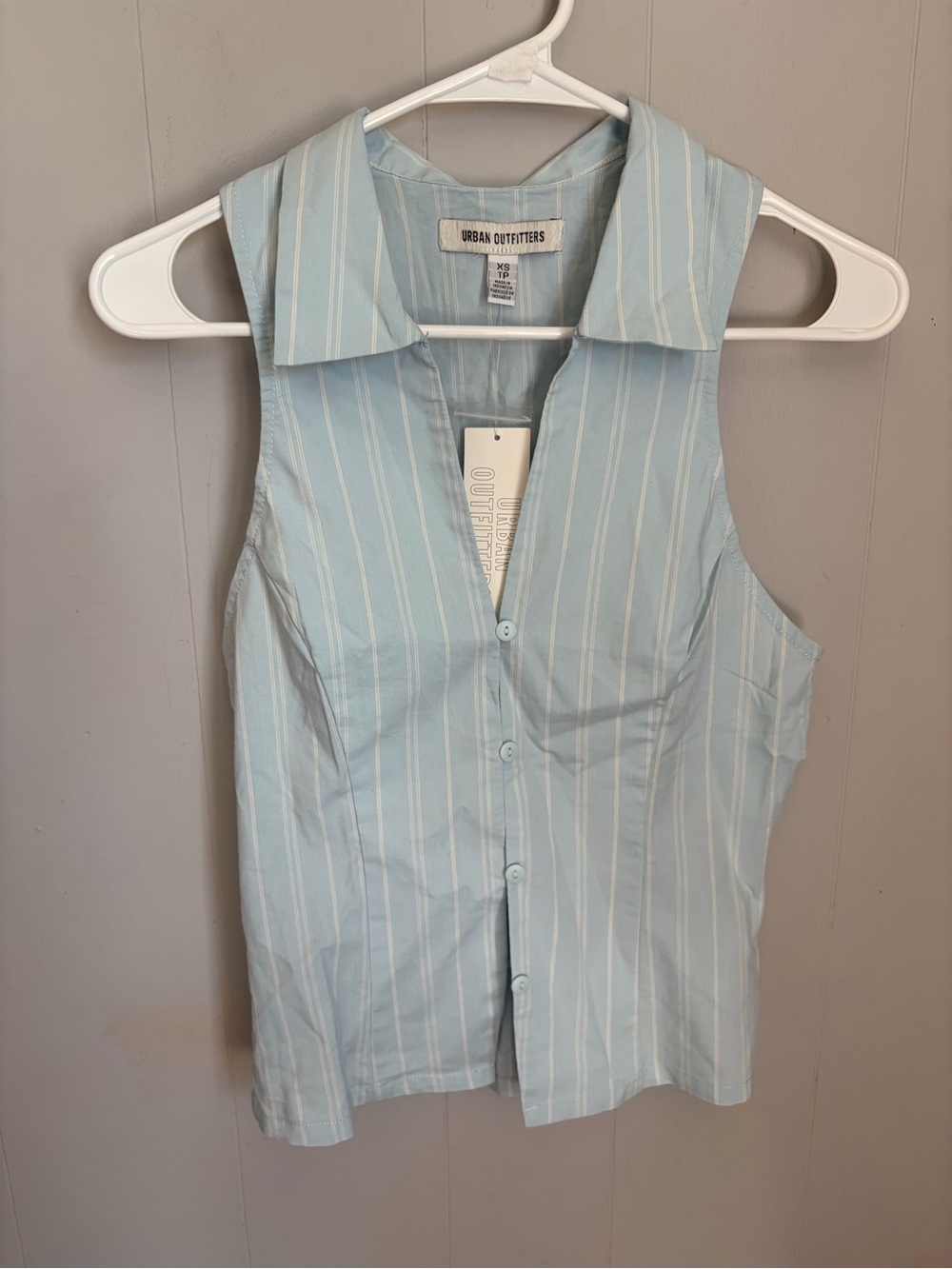 Urban Outfitters Pale Blue and White Striped Sleeveless Button-Down